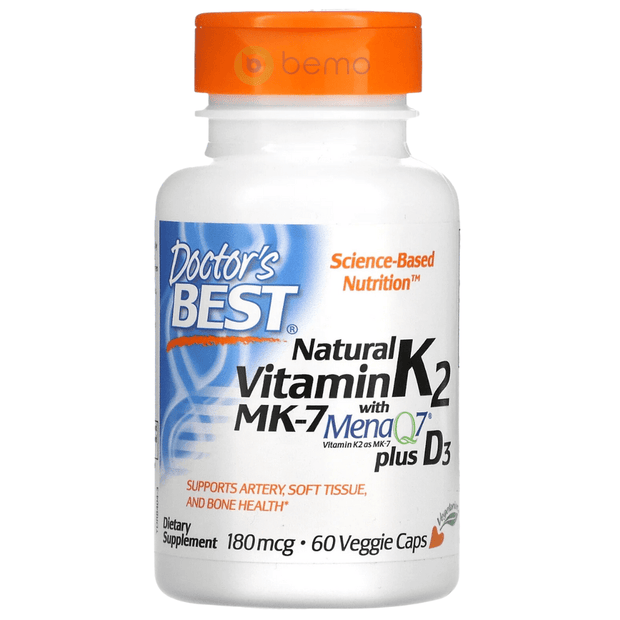 Doctor's Best, Natural Vitamin K2 MK-7 with MenaQ7 plus Vitamin D3, 180 mcg, 60 Veggie Caps (8647771193596)