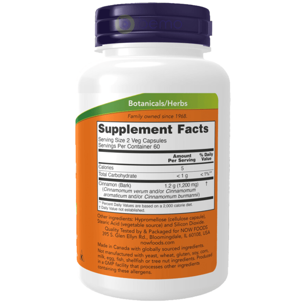 Now Foods, Cinnamon Bark 600 mg, 240 Veggie Capsules (8687646179580)