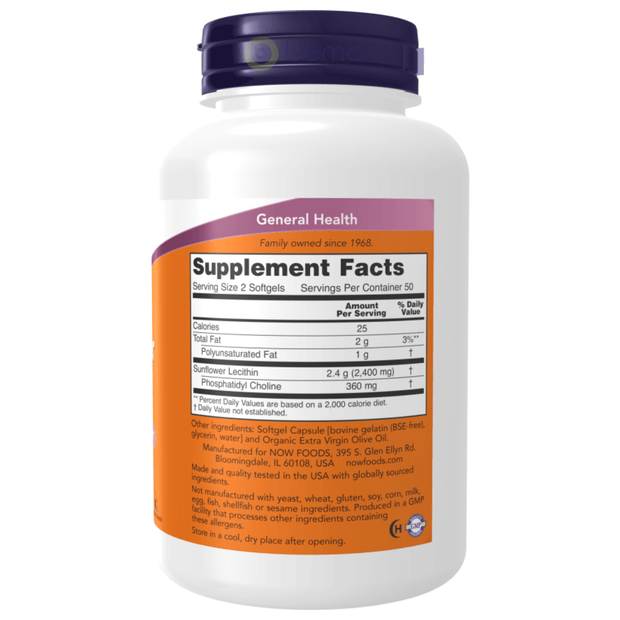 Now Foods, Sunflower Lecithin, 1200 mg, 100 Softgels (8890748698876)