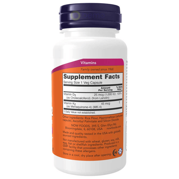 Now Foods, Vitamin D-3 & K-2, 1000 IU / 45 mcg, 120 Veg Capsules (4428901417100)