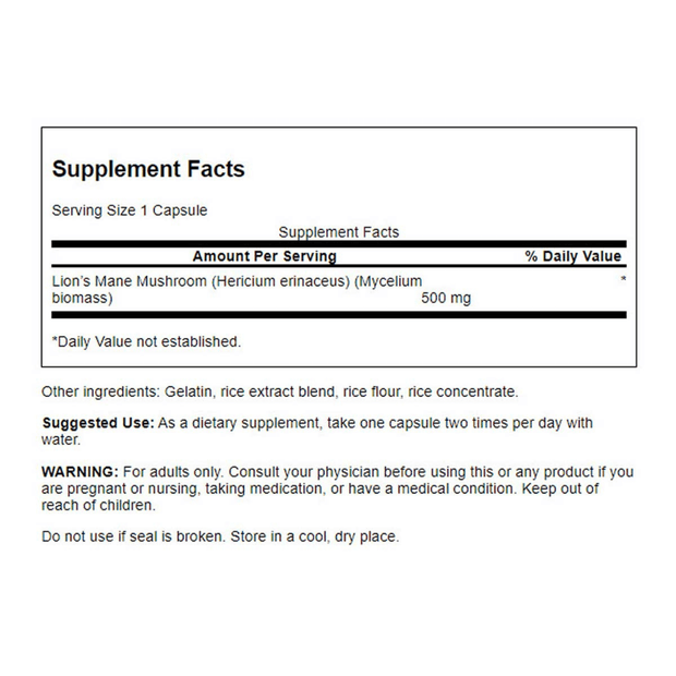 Swanson, Full Spectrum Lion's Mane Mushroom 500mg, 60 Caps (8782490566908)